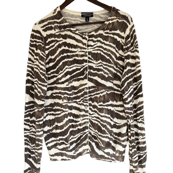 Lands' End Cardigan Sweater Size XL Brown and Cream Animal Print Supima Cotton - Picture 5 of 7